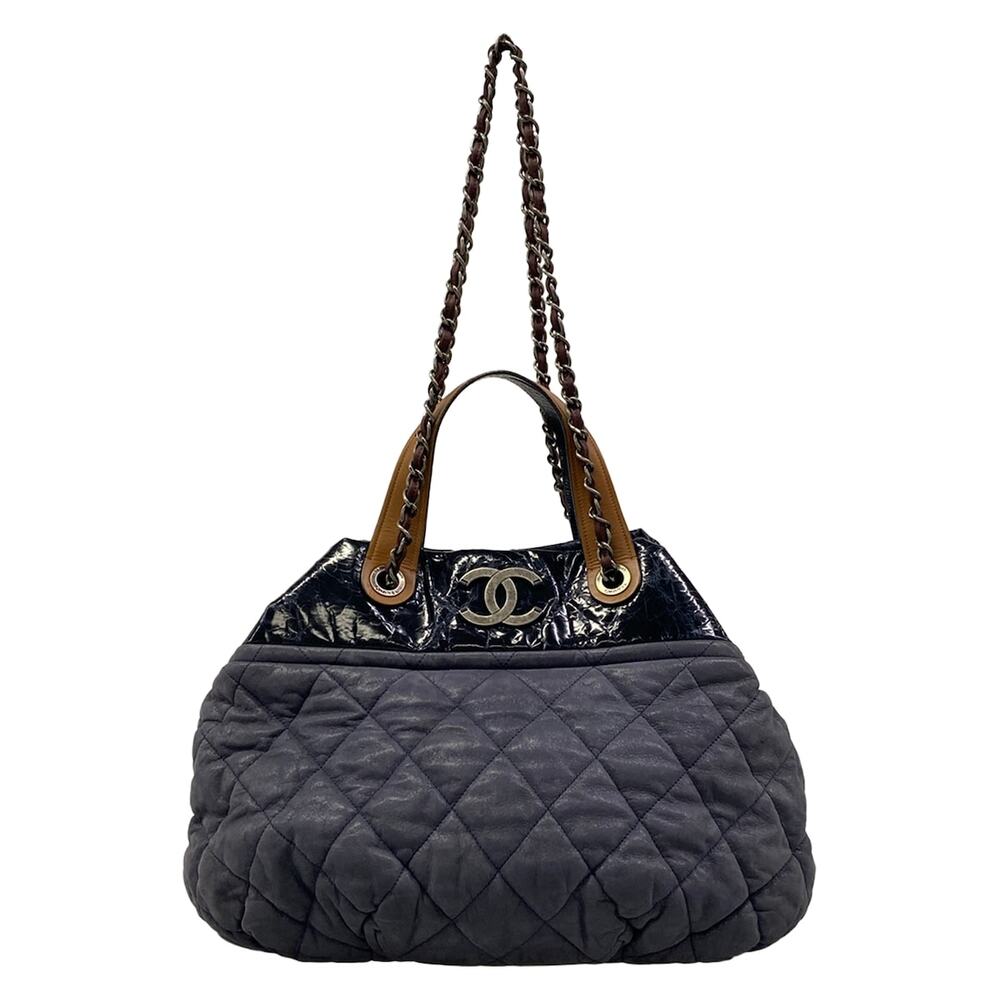 Chanel In The Mix Shoulder Bag Navy Brown Sparkling Leather Vintage Calf